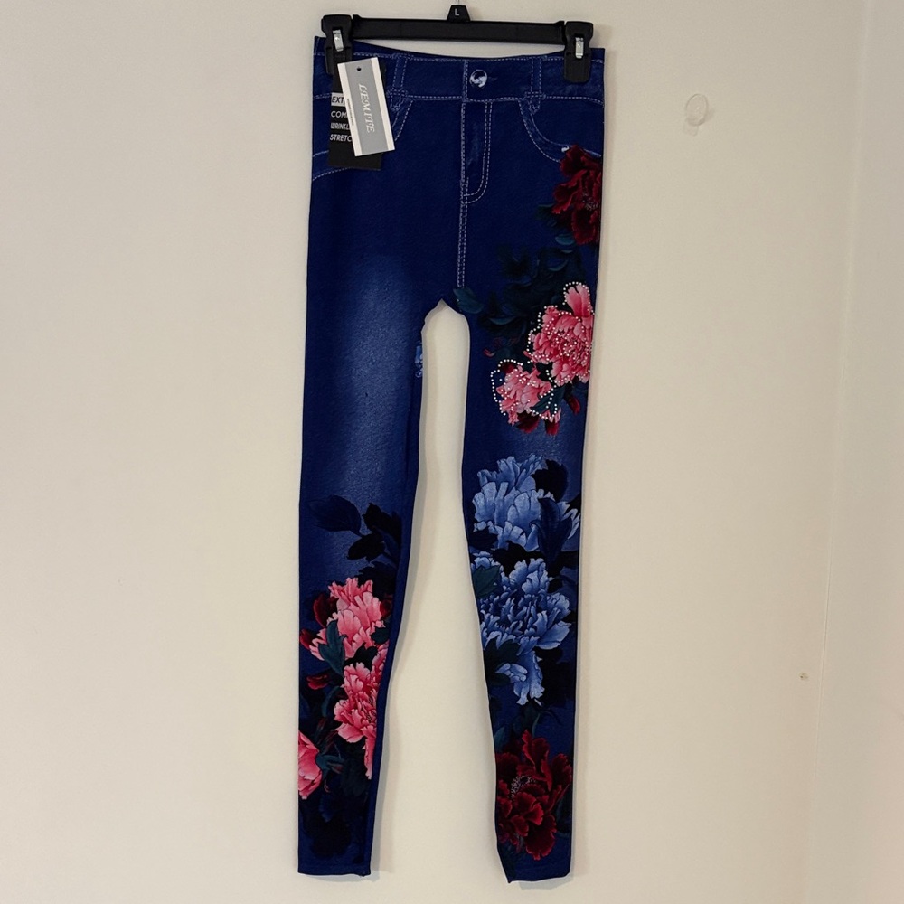 NWT Floral Blue Jean LEGGINGS